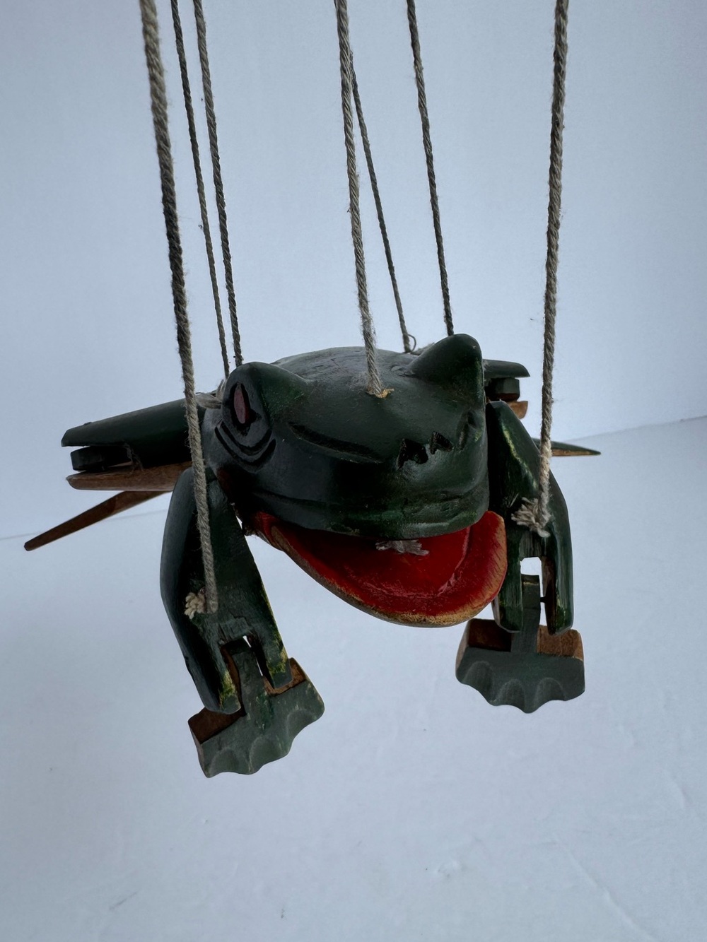 Vintage Handmade Wooden Frog Puppet Marionette Unique Shabby Chic Toy Decor